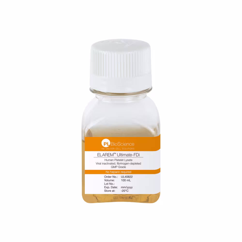 ELAREM Ultimate-FDi - Human Platelet Lysate, viral inactivated, fibrinogen-depleted, GMP Grade, no heparin required ELAREM Ultimate-FDi - Human Platelet Lysate, viral inactivated, fibrinogen-depleted, GMP Grade, no heparin required