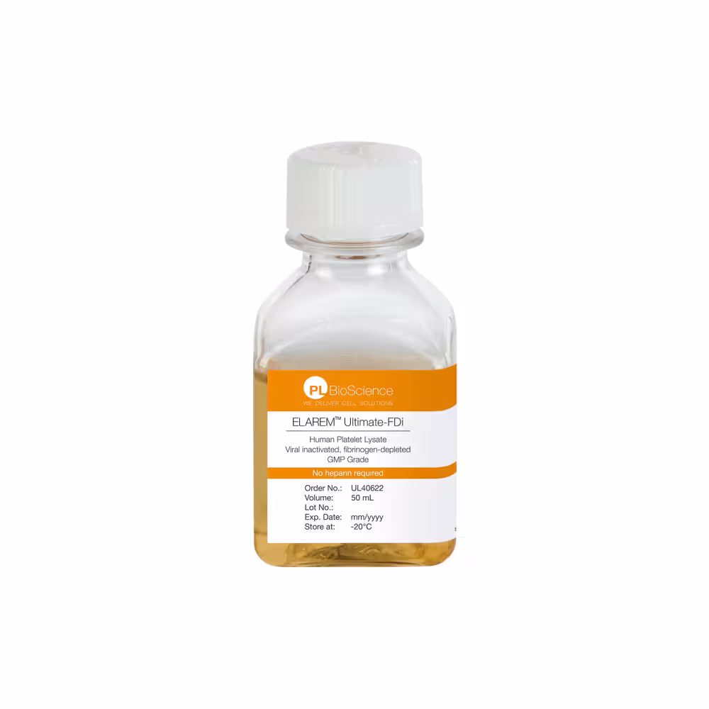 ELAREM Ultimate-FDi - Human Platelet Lysate, viral inactivated, fibrinogen-depleted, GMP Grade, no heparin required ELAREM Ultimate-FDi - Human Platelet Lysate, viral inactivated, fibrinogen-depleted, GMP Grade, no heparin required